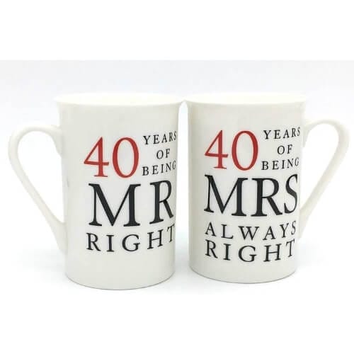 40th Anniversary Gift Set of 2 China Mugs 'Mr Right & Mrs Always Right' Awesome Ruby Wedding Gift Ideas For Him, Her & Them