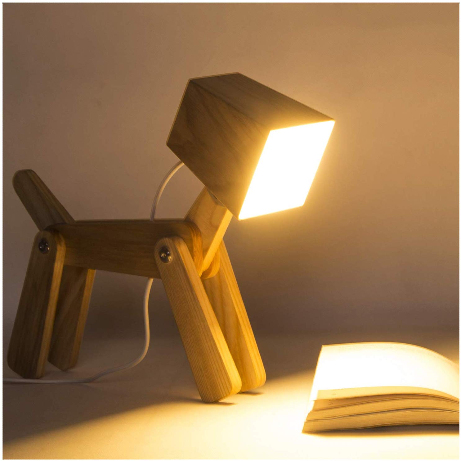 Cute Wooden Dog Design Adjustable Dimmable Bedside Table Lamp