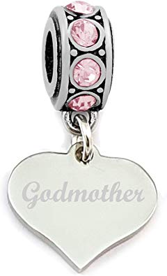 Godmother Personalised Engraved Stainless Steel Charm with Pink Stones Fits European Charm Bracelets