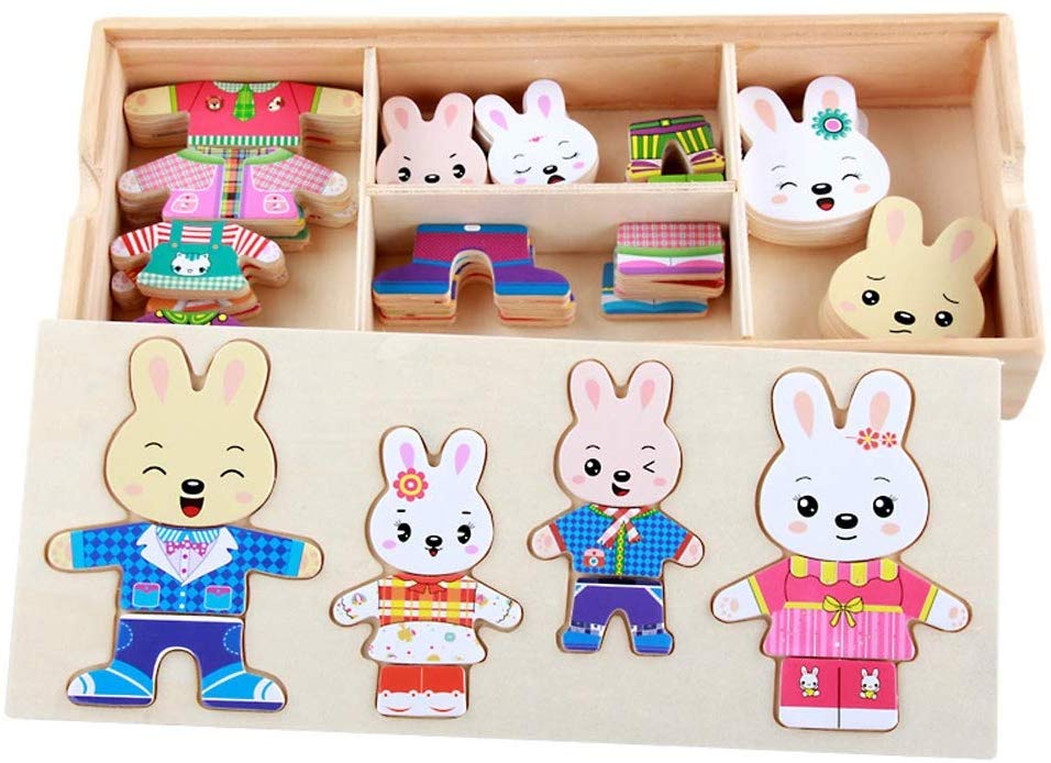 Wooden Child Cartoon Animal Change Clothes Puzzle Boy Girl Puzzle Stereoscopic Puzzle
