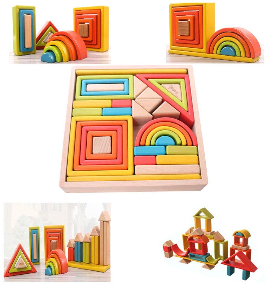 Rainbow puzzle building blocks creative assembling solid wood stack