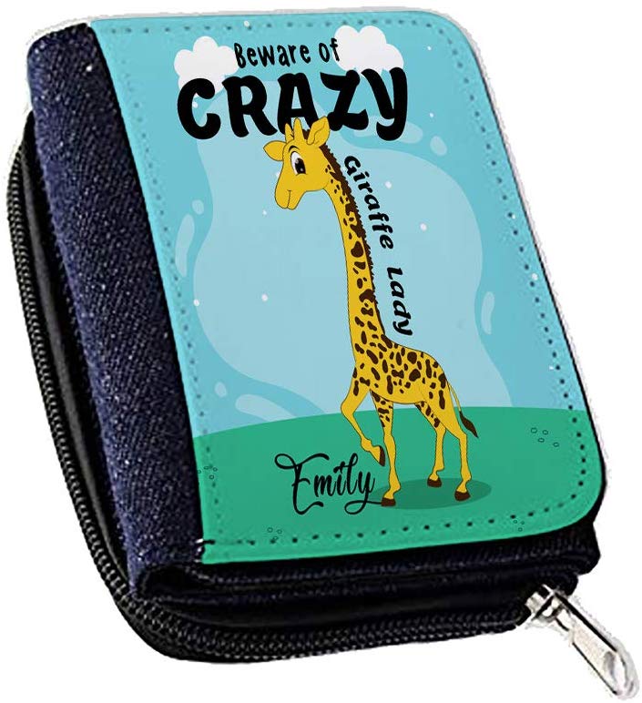 Personalised Beware of Crazy Giraffe Lady Themed Women's Denim Coin Wallet