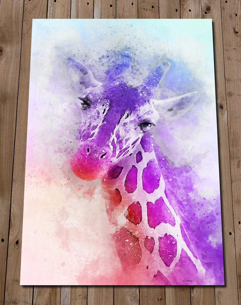Purple Giraffe Head Print - Colourful Wall Art Watercolour Painting