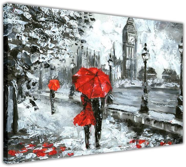 Couple Holding a Red Umbrella in London on Framed Canvas Wall Art