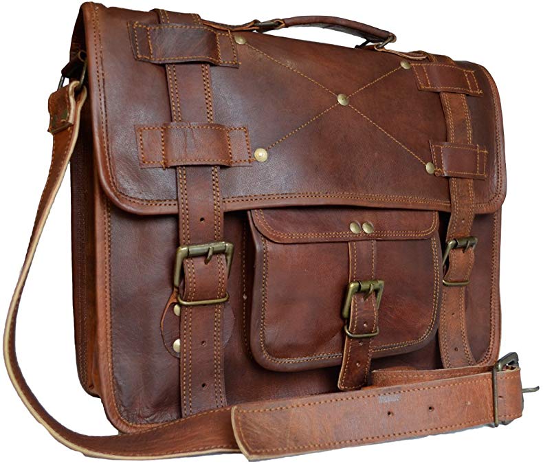 Vintage Men's Messenger Laptop Shoulder Bag Genuine Goat Leather