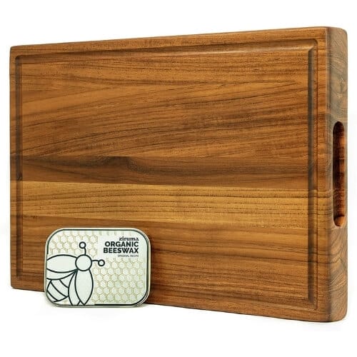 Ziruma Wooden Chopping Board of Premium Teak, Large Wood Cutting Board for Kitchen, Butchers Block Cured with Organic Beeswax - 43 x 28 x 3.8 cm - Reversible Boards with Juice Groove & Handles Christmas Presents for Parents