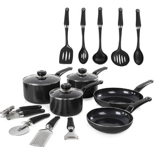 Morphy Richards Equip Frying Pan And Saucepan Set 5 Piece, Includes 9 Piece Tool Cookware Set, Non Stick Ceramic Coating, Black Christmas Presents for Parents