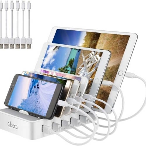 allcaca Charging Station 6 Ports for iPhone XS Max XR Ipad Tablet and All Android Devices, 6 USB Cable 25CM Included, White Gift Ideas for Who Have Everything