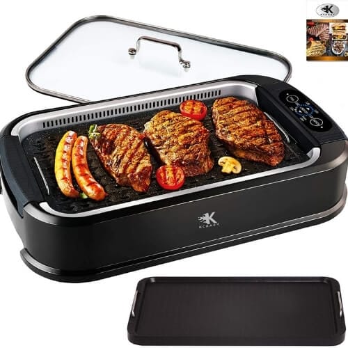 KCZAZY Electric Smokeless Grill with Glass Lid, Indoor and Outdoor Use, Grill and Griddle Plates Removable, Portable BBQ Grilling & Searing, Dishwasher Safe Christmas Presents for Parents