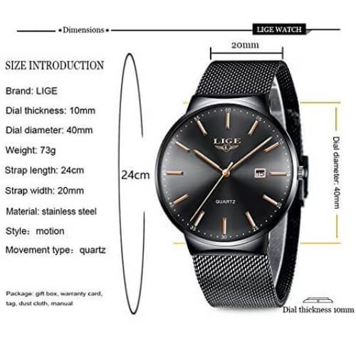 LIGE Mens Watches Waterproof Stainless Steel Fashion Simple Analog Quartz Calendar Black Dial Wrist Watch Gifts For 13 Year Old Boys